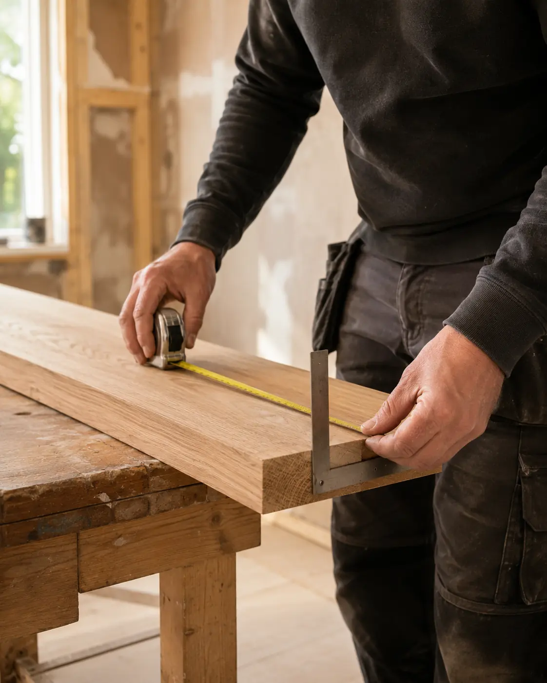 Vakman meet massief hout nauwkeurig in tijdens renovatiewerk